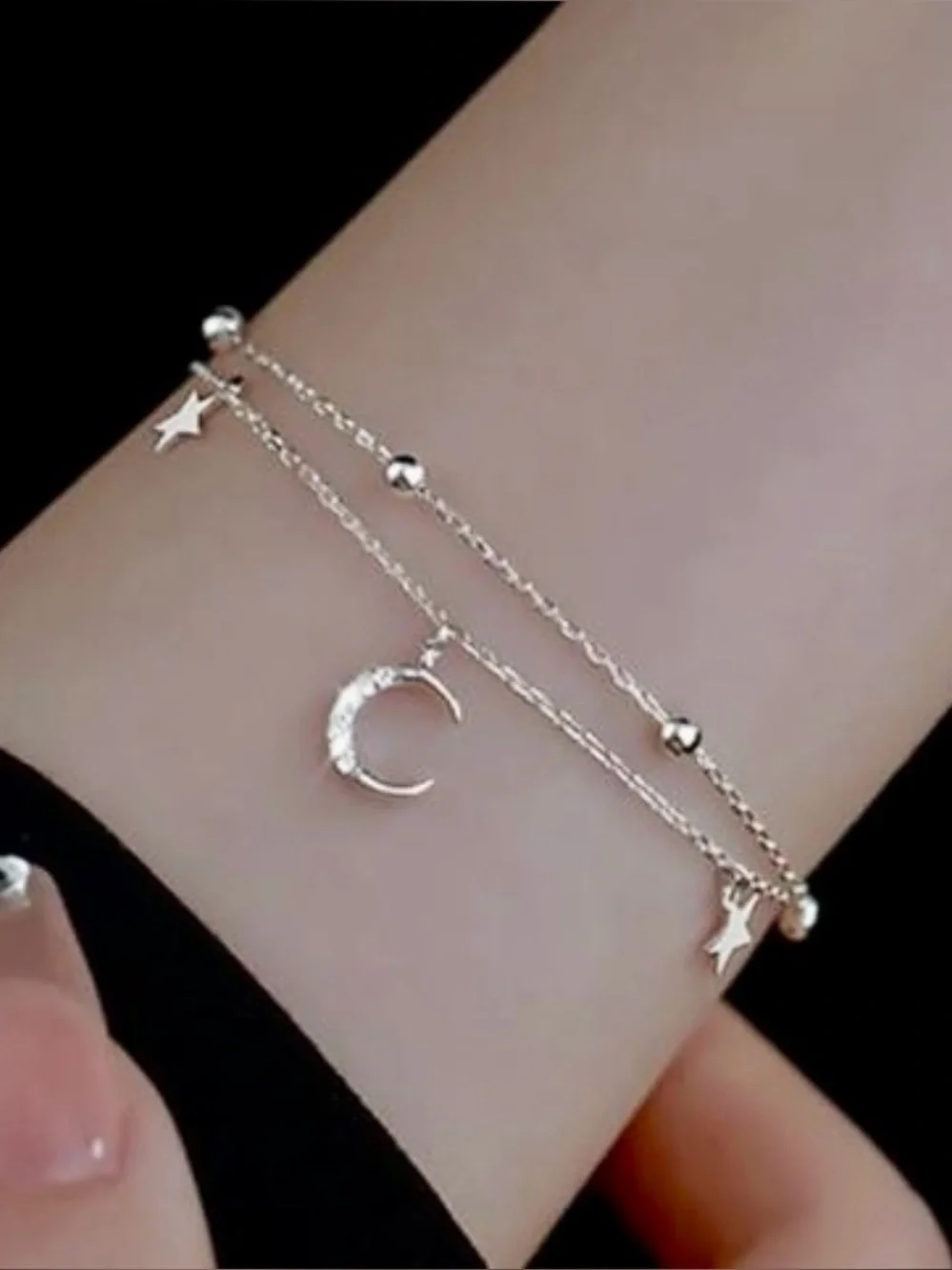 Celestial Double Chain Charm Bracelet | 925 Sterling Silver | Sz 6 3/8 + 1 5/8”
